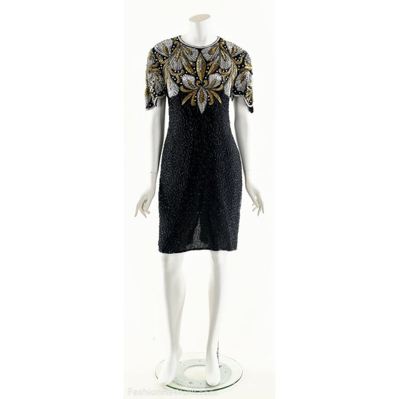Beaded Silk Dress,Sequin Silk Dress,Heavily Beaded Black Dress,Ornate Baroque Dr - Picture 9 of 10